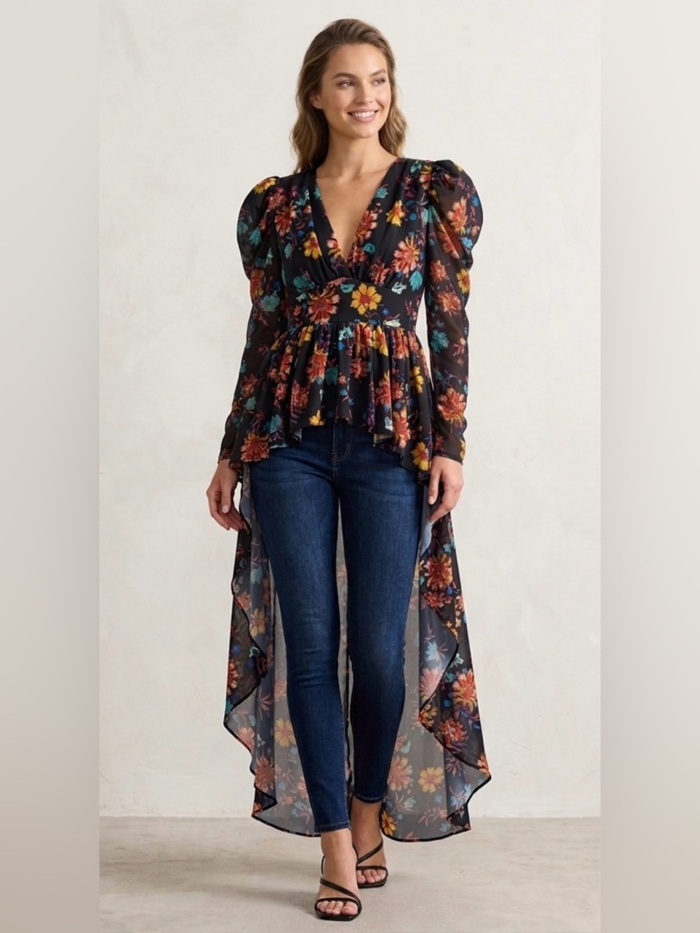 Lilly’s Kloset Floral High-Low Blouse – Long Puff Sleeve‎ dramatic peplum top